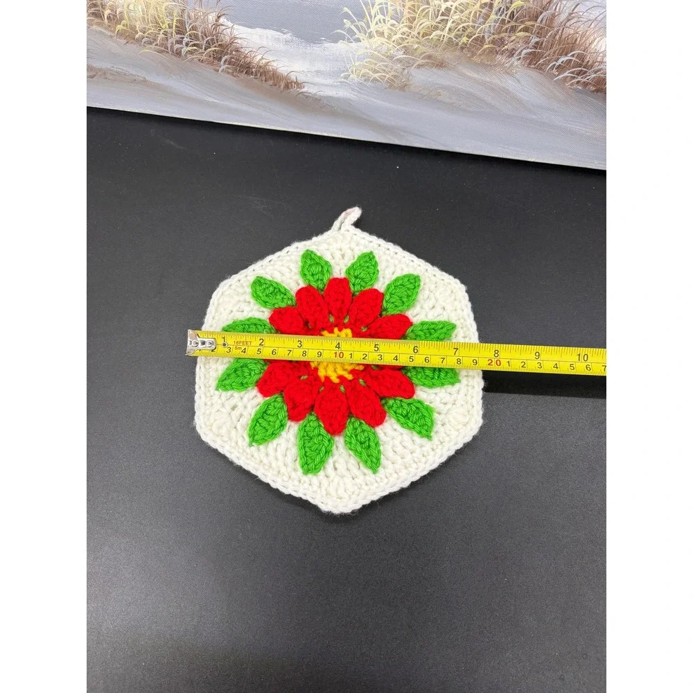 Vintage Handmade Crochet Potholder Red Flower Hexagon Trivet Hot Pad Grannycore
